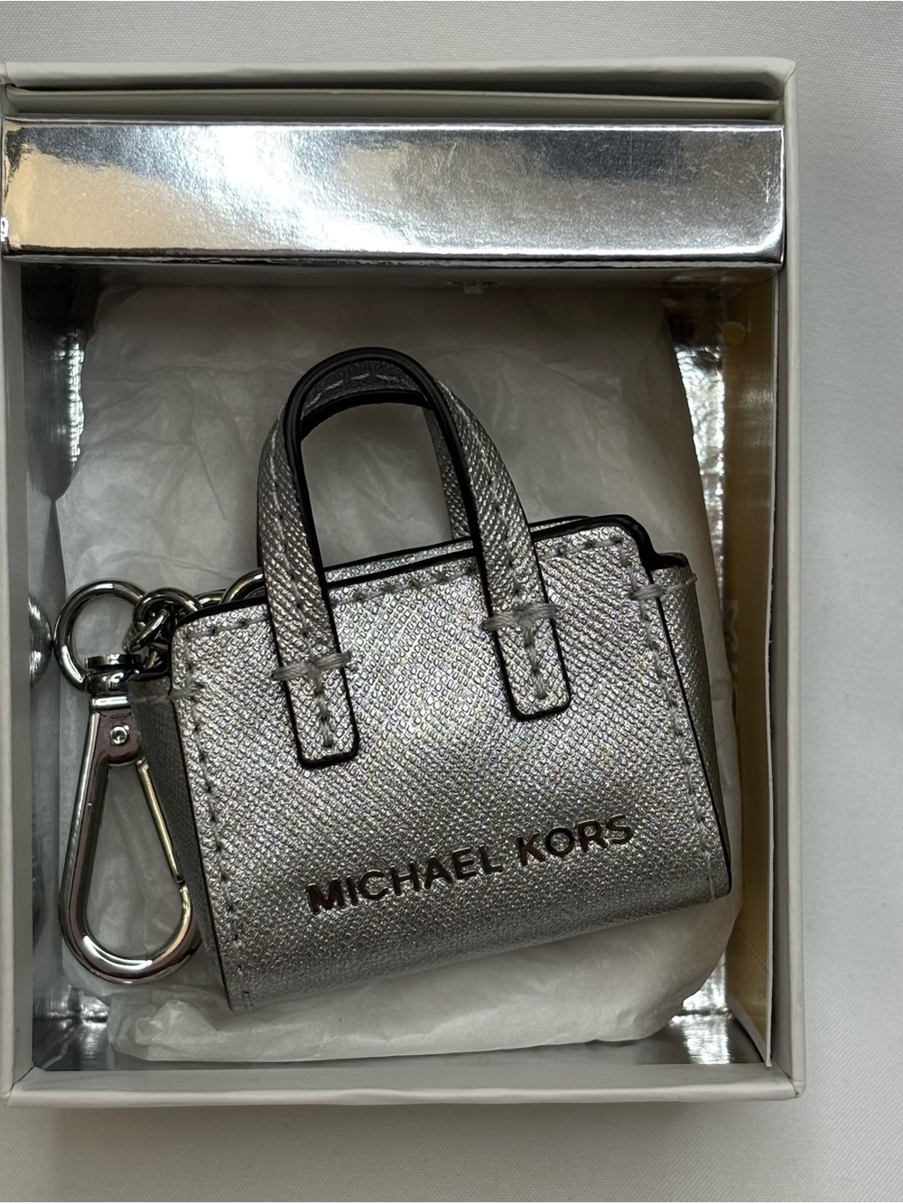 Michael Kors Metallic Silver Mini Tote Key charm